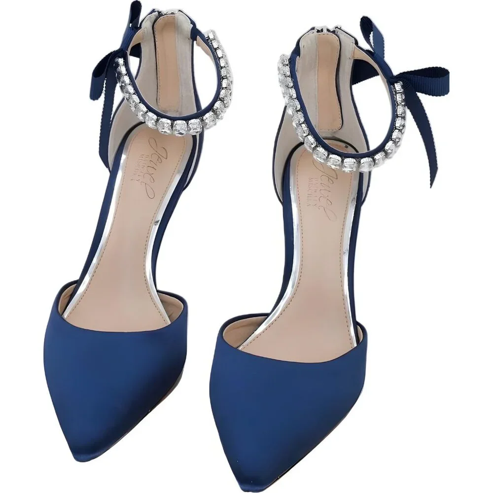 Jewel Badgley Mischka Jaycee Rhinestone Bow Heels Navy Women's US 6.5 - Picture 5 of 6